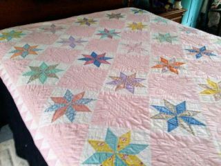 Vintage Feedsack Fabric Star Quilt 30s 40s Floral Novelty Pink Accents 70x95 3