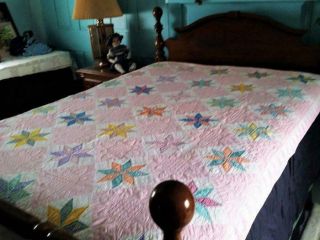 Vintage Feedsack Fabric Star Quilt 30s 40s Floral Novelty Pink Accents 70x95 4