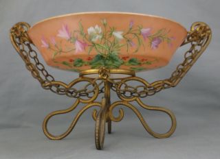 Antique Hand Painted Floral Glass Bowl Mounted On Ormolu Brass Stand