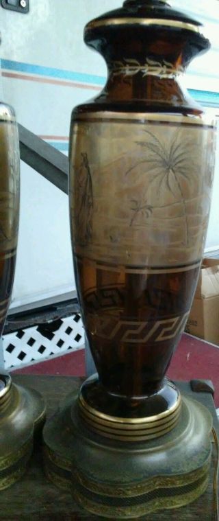 Stunning Murano chocolate/rootbeer glass lamps greek/roman scene 11