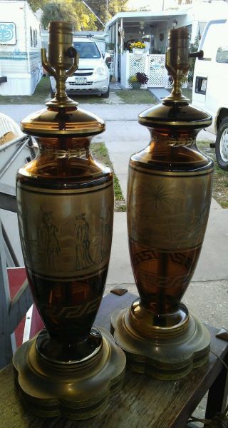 Stunning Murano chocolate/rootbeer glass lamps greek/roman scene 5