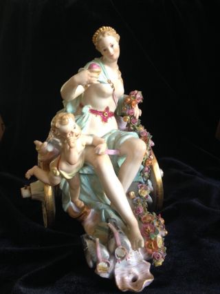1880s Meissen - Venus W Apple & Cupid Riding In A Glorious Open Shell Chariot