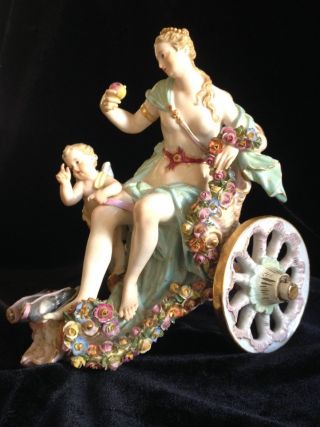 1880s Meissen - Venus w Apple & Cupid riding in a Glorious Open Shell Chariot 7