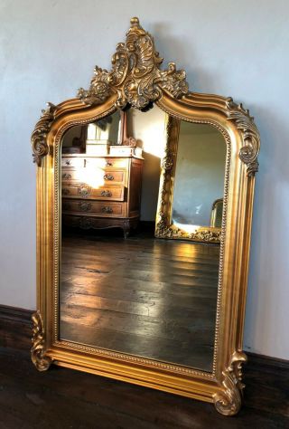 Antique Gold French Statement Over Mantle Scroll Table Top Arched Wall Mirror 2