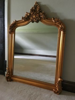 Antique Gold French Statement Over Mantle Scroll Table Top Arched Wall Mirror 7