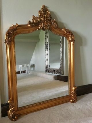 Antique Gold French Statement Over Mantle Scroll Table Top Arched Wall Mirror 8