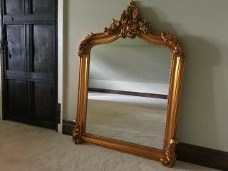 Antique Gold French Statement Over Mantle Scroll Table Top Arched Wall Mirror 9