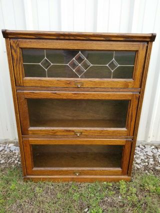 3 Section Leaded Glass Oak Wood Lawyer Cabinet Barrister Bookcase Vintage Stack