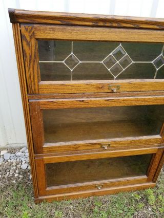 3 SECTION LEADED GLASS OAK WOOD LAWYER CABINET BARRISTER BOOKCASE VINTAGE STACK 2
