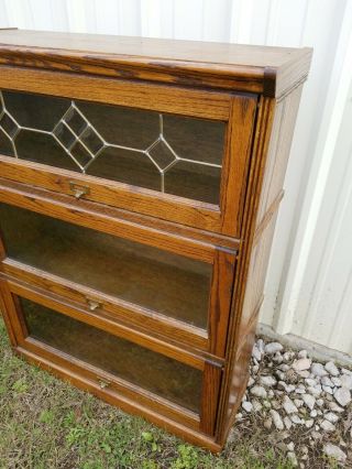 3 SECTION LEADED GLASS OAK WOOD LAWYER CABINET BARRISTER BOOKCASE VINTAGE STACK 3