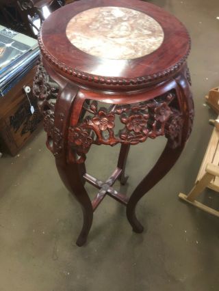 Hand - Carved Chinese Rosewood And Marble Pedestal Table/plant Stand