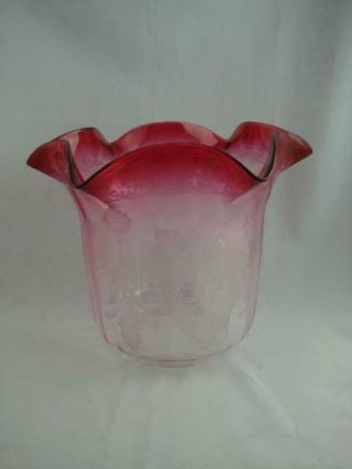 STUNNING CRANBERRY GLASS ACID ETCHED TULIP DUPLEX OIL LAMP SHADE 4 