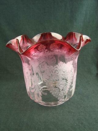 Stunning Cranberry Glass Acid Etched Tulip Duplex Oil Lamp Shade 4 " Fitter