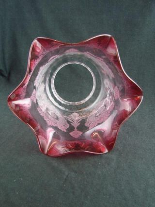 STUNNING CRANBERRY GLASS ACID ETCHED TULIP DUPLEX OIL LAMP SHADE 4 