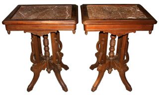 Antique American Victorian Eastlake Pink Granite Top Walnut Parlor Side Table 3