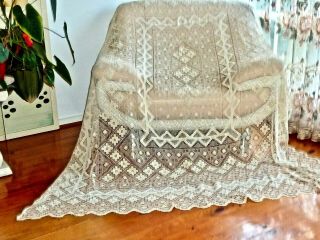 Fabulous Antique Hand Crafted Fillet Lace Large Tablecloths Bedspread C 1930 