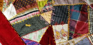 ANTIQUE CRAZY QUILT SILK VELVET FABRIC LATE 1800 ' S HAND STITCHED EMBROIDERED 2