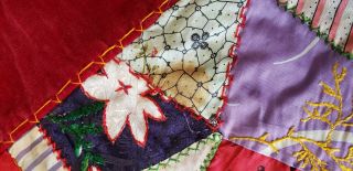 ANTIQUE CRAZY QUILT SILK VELVET FABRIC LATE 1800 ' S HAND STITCHED EMBROIDERED 3