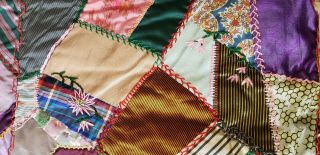 ANTIQUE CRAZY QUILT SILK VELVET FABRIC LATE 1800 ' S HAND STITCHED EMBROIDERED 5