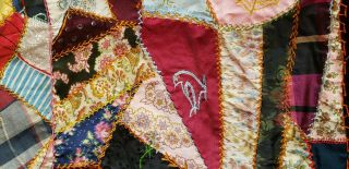 ANTIQUE CRAZY QUILT SILK VELVET FABRIC LATE 1800 ' S HAND STITCHED EMBROIDERED 6