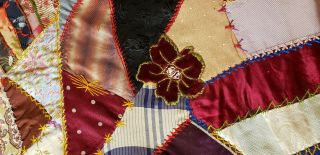 ANTIQUE CRAZY QUILT SILK VELVET FABRIC LATE 1800 ' S HAND STITCHED EMBROIDERED 8