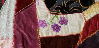 ANTIQUE CRAZY QUILT SILK VELVET FABRIC LATE 1800 ' S HAND STITCHED EMBROIDERED 9