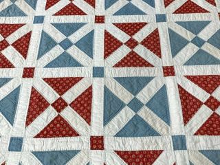 Americana c 1850s Turkey Red Prussian BLUE Quilt Antique Signed Maria 11