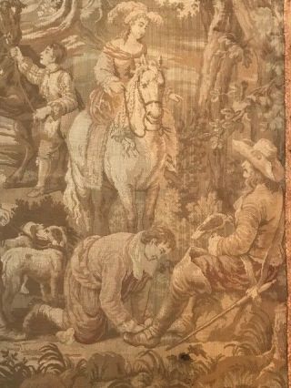 INTERESTING ANTIQUE FRENCH TAPESTRY PANEL HORSES DOGS FALCON c1900 4