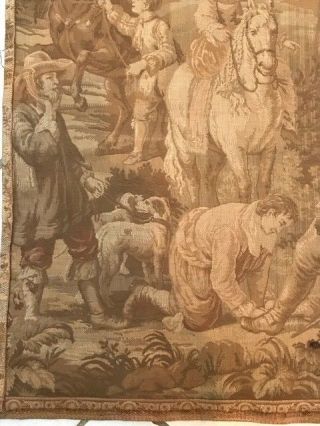 INTERESTING ANTIQUE FRENCH TAPESTRY PANEL HORSES DOGS FALCON c1900 5