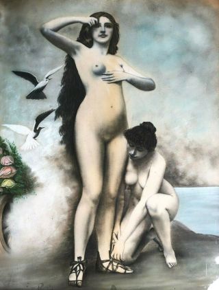 Antique Pastel Painting - Art Nouveau Ladies/nudes - C1904 In Mission Oak Frame
