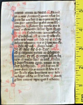 Medieval ca.  1280 manuscript leaf from a Breviary,  hndpt.  initials in Red&Blue 2