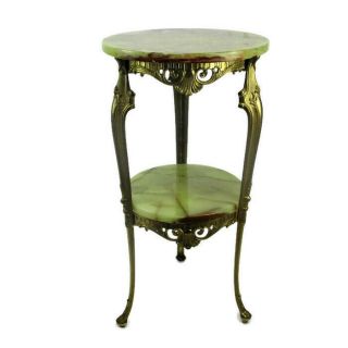 Ornate Brass Marble Two Tier Pedestal Plant Stand Side Table Hollywood Regency