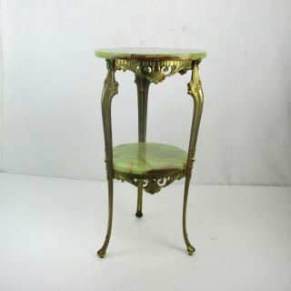 Ornate Brass Marble Two Tier Pedestal Plant Stand Side Table Hollywood regency 2