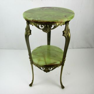 Ornate Brass Marble Two Tier Pedestal Plant Stand Side Table Hollywood regency 6