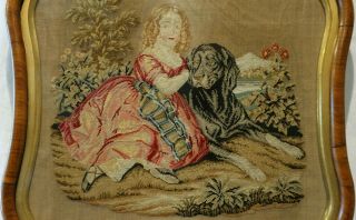 MID 19TH CENTURY NEEDLEPOINT OF A GIRL WITH HER LARGE PET DOG - c.  1860 10