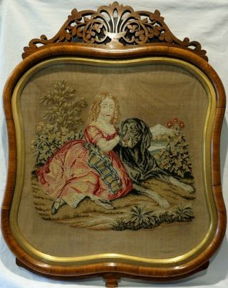 Mid 19th Century Needlepoint Of A Girl With Her Large Pet Dog - C.  1860