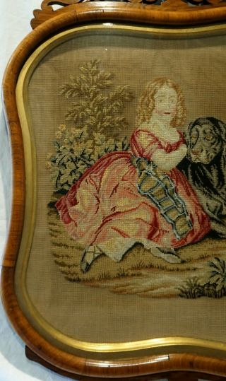 MID 19TH CENTURY NEEDLEPOINT OF A GIRL WITH HER LARGE PET DOG - c.  1860 2