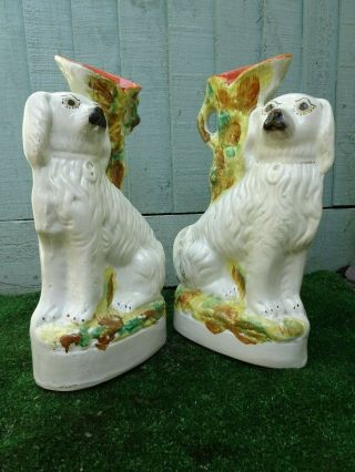 PAIR: 19thC STAFFORDSHIRE SPANIEL DOGS WITH LARGE SPILL VASES c1880 7