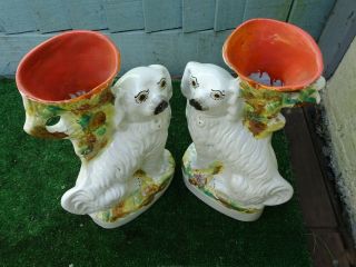 PAIR: 19thC STAFFORDSHIRE SPANIEL DOGS WITH LARGE SPILL VASES c1880 9