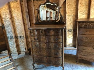 Antique Oak Tall Chest Of Drawers With Mirror.  Dresser.
