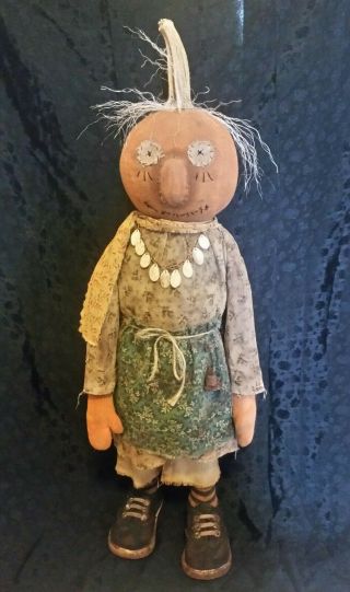 Primitive Standing Pumpkin Doll with Real Dried Stem Halloween Harvest Fall 2