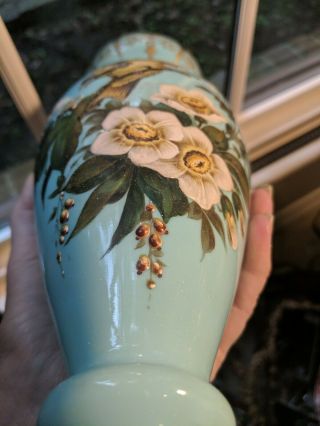GORGEOUS VICTORIAN AESTHETIC MOVEMENT 2 VASES FLORAL BIRDS BEES ROBIN ' S EGG BLUE 10