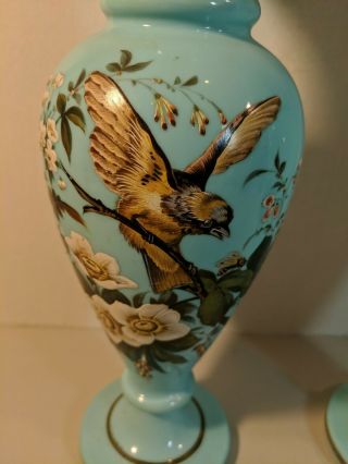 GORGEOUS VICTORIAN AESTHETIC MOVEMENT 2 VASES FLORAL BIRDS BEES ROBIN ' S EGG BLUE 2