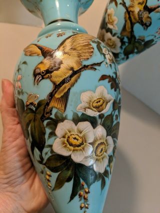 GORGEOUS VICTORIAN AESTHETIC MOVEMENT 2 VASES FLORAL BIRDS BEES ROBIN ' S EGG BLUE 3