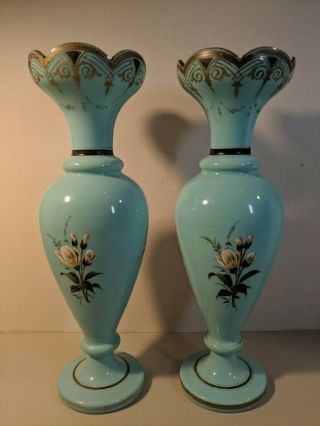 GORGEOUS VICTORIAN AESTHETIC MOVEMENT 2 VASES FLORAL BIRDS BEES ROBIN ' S EGG BLUE 5