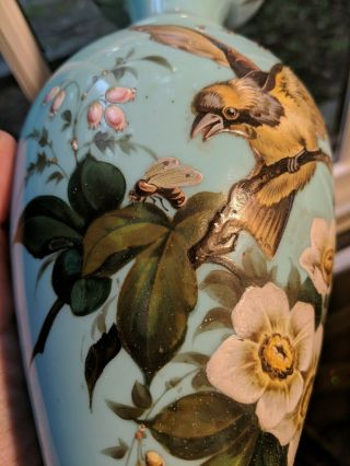 GORGEOUS VICTORIAN AESTHETIC MOVEMENT 2 VASES FLORAL BIRDS BEES ROBIN ' S EGG BLUE 9