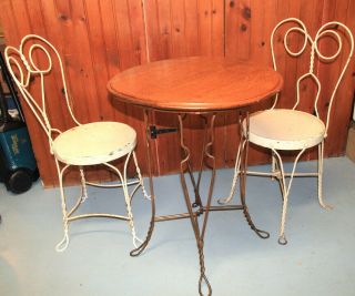 Ice Cream Parlor Table And 2 Chairs Circa 1920 - Twisted Wrought Iron - Oak Table