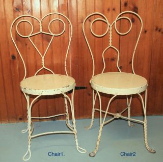 Ice cream parlor table and 2 chairs circa 1920 - twisted wrought iron - oak table 2