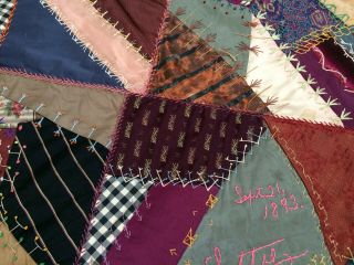 Victorian Crazy Quilt 1893 Dated Signed Embroidery Silks Brocades Velvet 22 X 55 10