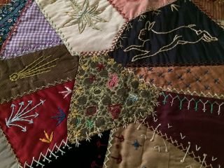 Victorian Crazy Quilt 1893 Dated Signed Embroidery Silks Brocades Velvet 22 X 55